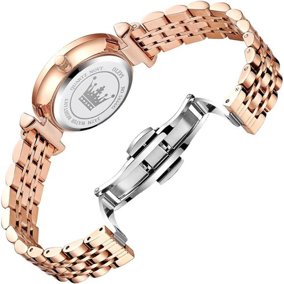 Women Rose Gold Stainless Steel Band Red Dial Quartz Small Face Waterproof Watch main image 10